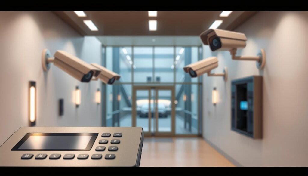 A secure and seamless integration of CCTV cameras and alarm access control systems. In the foreground, a sleek, modern control panel showcases the intuitive interface, with tactile buttons and a crisp display. In the middle ground, high-resolution CCTV cameras are discreetly mounted, capturing a panoramic view of the monitored space. The background features a clean, minimalist architectural design, with sophisticated lighting that casts a warm, professional glow. The overall atmosphere conveys a sense of advanced, reliable security that provides peace of mind and protection for the occupants. A secure and seamless integration of CCTV cameras and alarm access control systems. In the foreground, a sleek, modern control panel showcases the intuitive interface, with tactile buttons and a crisp display. In the middle ground, high-resolution CCTV cameras are discreetly mounted, capturing a panoramic view of the monitored space. The background features a clean, minimalist architectural design, with sophisticated lighting that casts a warm, professional glow. The overall atmosphere conveys a sense of advanced, reliable security that provides peace of mind and protection for the occupants.