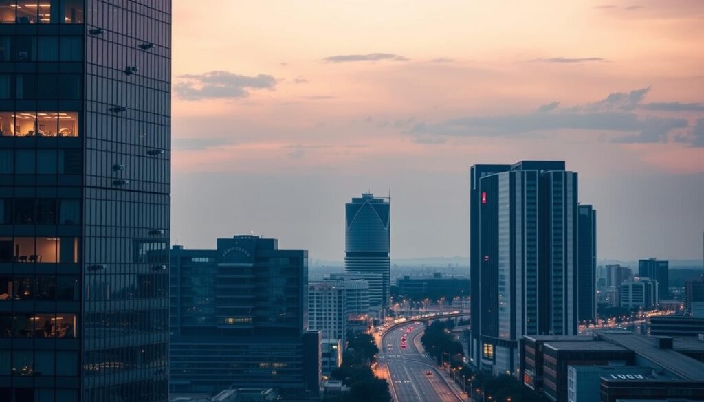 A serene Sandton cityscape at dusk, with a sleek high-rise office building in the foreground. The structure's façade is adorned with advanced security cameras and sensors, casting a warm glow against the dusky sky. In the middle ground, a network of discreet, state-of-the-art CCTV cameras monitors the bustling streets below, ensuring the safety and security of the affluent Sandton neighborhood. The background features the distinctive silhouettes of other modern skyscrapers, reflecting the area's reputation as a hub of sophistication and technological innovation. Diffused lighting creates a tranquil, secure atmosphere, conveying the reliable protection offered by these advanced security solutions. A serene Sandton cityscape at dusk, with a sleek high-rise office building in the foreground. The structure's façade is adorned with advanced security cameras and sensors, casting a warm glow against the dusky sky. In the middle ground, a network of discreet, state-of-the-art CCTV cameras monitors the bustling streets below, ensuring the safety and security of the affluent Sandton neighborhood. The background features the distinctive silhouettes of other modern skyscrapers, reflecting the area's reputation as a hub of sophistication and technological innovation. Diffused lighting creates a tranquil, secure atmosphere, conveying the reliable protection offered by these advanced security solutions.