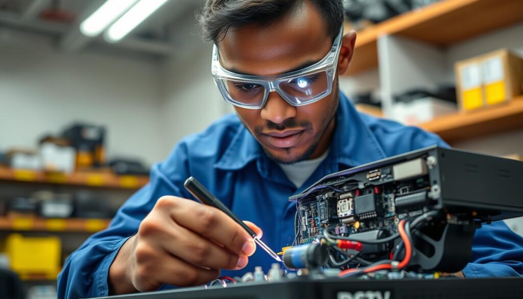 A skilled DStv extra view and heartbeat signal repair technician, wearing a blue uniform and safety goggles, intently examines the internal components of a DStv receiver. The technician's hands are steady as they deftly navigate the intricate circuitry, using specialized tools to diagnose and resolve the issue. The well-lit workshop setting, with shelves of spare parts and diagnostic equipment in the background, conveys a sense of professionalism and expertise. The technician's focused expression and the precise nature of their work suggest a deep understanding of the technology, ready to restore seamless DStv service to Sandton residents. A skilled DStv extra view and heartbeat signal repair technician, wearing a blue uniform and safety goggles, intently examines the internal components of a DStv receiver. The technician's hands are steady as they deftly navigate the intricate circuitry, using specialized tools to diagnose and resolve the issue. The well-lit workshop setting, with shelves of spare parts and diagnostic equipment in the background, conveys a sense of professionalism and expertise. The technician's focused expression and the precise nature of their work suggest a deep understanding of the technology, ready to restore seamless DStv service to Sandton residents.
