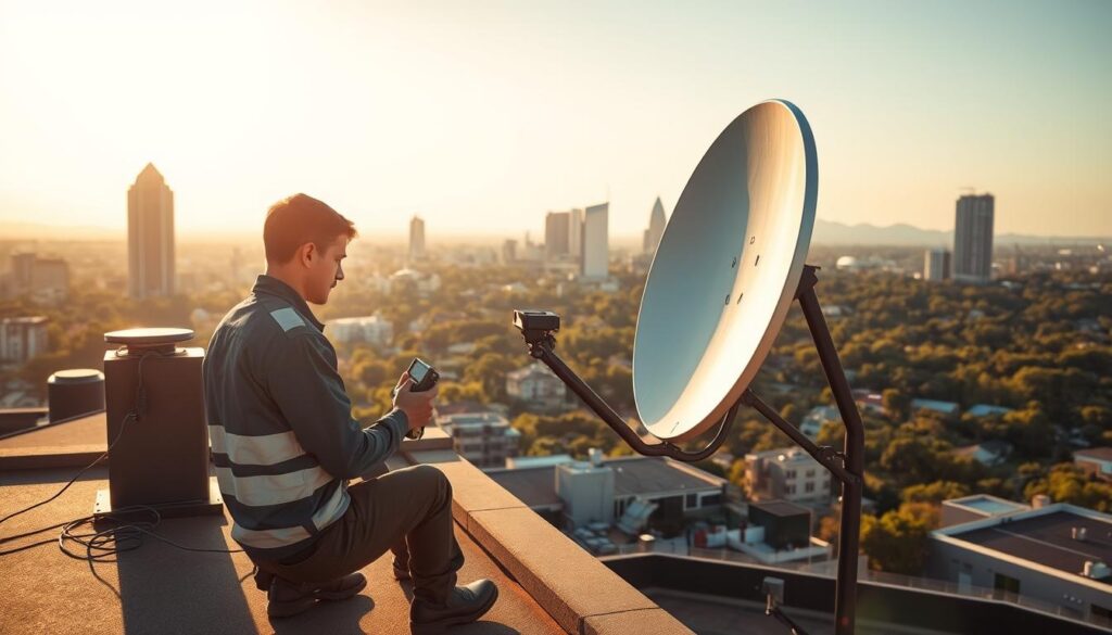 A skilled DStv technician diligently installing a satellite dish on the roof of a modern Sandton residence. The technician, wearing a professional uniform, carefully aligns the dish using specialized tools, ensuring optimal signal reception. The installation takes place against the backdrop of the iconic Sandton skyline, with towering skyscrapers and lush greenery visible in the distance. Warm, golden sunlight bathes the scene, creating a sense of professionalism and reliability. The overall composition conveys the expertise and attention to detail that customers can expect from a trusted DStv service provider in the heart of Sandton. A skilled DStv technician diligently installing a satellite dish on the roof of a modern Sandton residence. The technician, wearing a professional uniform, carefully aligns the dish using specialized tools, ensuring optimal signal reception. The installation takes place against the backdrop of the iconic Sandton skyline, with towering skyscrapers and lush greenery visible in the distance. Warm, golden sunlight bathes the scene, creating a sense of professionalism and reliability. The overall composition conveys the expertise and attention to detail that customers can expect from a trusted DStv service provider in the heart of Sandton.