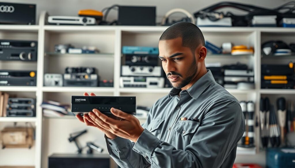 A skilled DStv technician, dressed in a crisp uniform, stands in a well-lit workshop surrounded by various electronic devices. Their face is focused and determined as they carefully inspect a DStv decoder, showcasing their expertise in resolving technical issues. The background features neatly organized shelves filled with spare parts and tools, conveying a sense of professionalism and attention to detail. Soft, directional lighting casts subtle shadows, highlighting the technician's hands as they meticulously work, ready to provide exceptional service to the customers of DStv Installer Sandton. A skilled DStv technician, dressed in a crisp uniform, stands in a well-lit workshop surrounded by various electronic devices. Their face is focused and determined as they carefully inspect a DStv decoder, showcasing their expertise in resolving technical issues. The background features neatly organized shelves filled with spare parts and tools, conveying a sense of professionalism and attention to detail. Soft, directional lighting casts subtle shadows, highlighting the technician's hands as they meticulously work, ready to provide exceptional service to the customers of DStv Installer Sandton.
