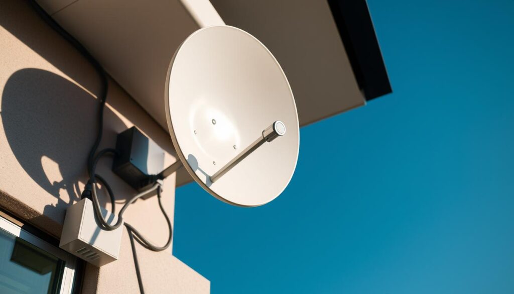 A sleek and modern centralised DStv dish system installed on the rooftop of a Sandton property. The dish is mounted on a sturdy metal frame, reflecting the sunlight against a clear blue sky. The installation features neatly routed cables and a compact control box, seamlessly integrated into the building's architecture. The lighting casts subtle shadows, emphasizing the professional, high-quality workmanship. The camera angle captures the system's placement, highlighting its discrete yet efficient design that complements the upscale Sandton property. An establishing shot that conveys a sense of reliable, premium DStv service for discerning clients. A sleek and modern centralised DStv dish system installed on the rooftop of a Sandton property. The dish is mounted on a sturdy metal frame, reflecting the sunlight against a clear blue sky. The installation features neatly routed cables and a compact control box, seamlessly integrated into the building's architecture. The lighting casts subtle shadows, emphasizing the professional, high-quality workmanship. The camera angle captures the system's placement, highlighting its discrete yet efficient design that complements the upscale Sandton property. An establishing shot that conveys a sense of reliable, premium DStv service for discerning clients.