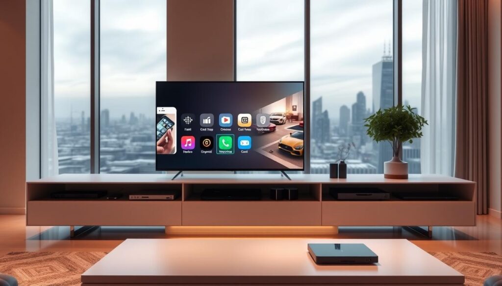 A sleek and modern living room showcases a stylish smart TV seamlessly integrated with various digital devices. The TV screen displays a visually appealing user interface, highlighting intuitive connectivity options and smart home controls. In the foreground, a minimalist entertainment unit houses discreetly integrated cable boxes, streaming devices, and wireless charging pads. Soft ambient lighting creates a cozy atmosphere, while large windows in the background offer a scenic city skyline view. The scene conveys a sense of technological sophistication and effortless home automation, perfectly aligning with the "Comprehensive Smart TV Integration Solutions" concept. A sleek and modern living room showcases a stylish smart TV seamlessly integrated with various digital devices. The TV screen displays a visually appealing user interface, highlighting intuitive connectivity options and smart home controls. In the foreground, a minimalist entertainment unit houses discreetly integrated cable boxes, streaming devices, and wireless charging pads. Soft ambient lighting creates a cozy atmosphere, while large windows in the background offer a scenic city skyline view. The scene conveys a sense of technological sophistication and effortless home automation, perfectly aligning with the "Comprehensive Smart TV Integration Solutions" concept.