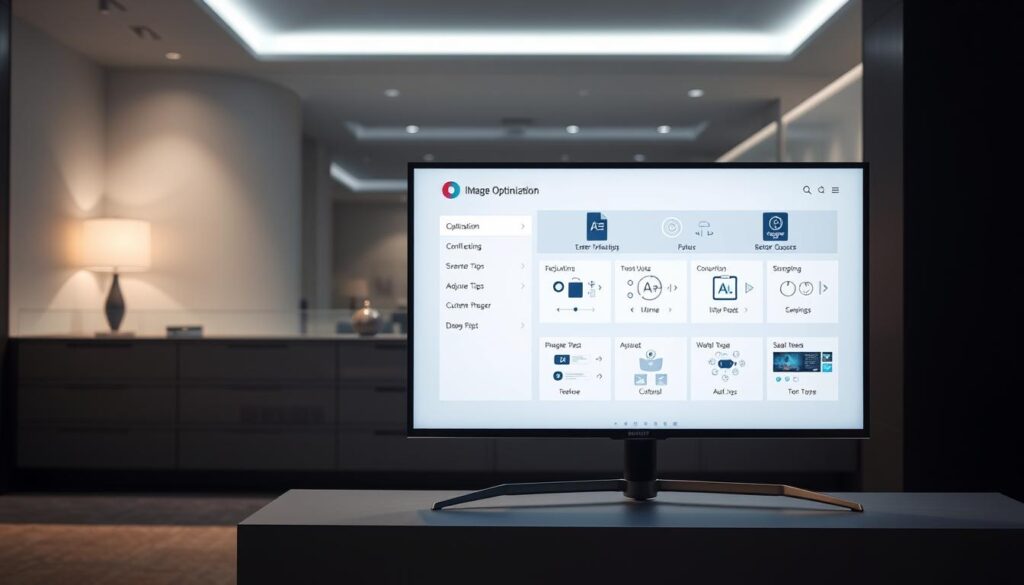 A sleek, minimalist smart TV display showcasing a variety of image optimization services. In the foreground, a stylized TV screen displays various configuration settings and adjustment tools, conveying the idea of comprehensive customization options. The middle ground features a clean, elegant interface with intuitive controls and visuals, hinting at the user-friendly nature of the optimization services. The background depicts a modern, tech-savvy environment, with subtle lighting and reflections that create a sense of sophistication and professionalism. The overall scene exudes a sense of advanced technology, attention to detail, and a commitment to delivering optimal visual experiences for smart TV users. A sleek, minimalist smart TV display showcasing a variety of image optimization services. In the foreground, a stylized TV screen displays various configuration settings and adjustment tools, conveying the idea of comprehensive customization options. The middle ground features a clean, elegant interface with intuitive controls and visuals, hinting at the user-friendly nature of the optimization services. The background depicts a modern, tech-savvy environment, with subtle lighting and reflections that create a sense of sophistication and professionalism. The overall scene exudes a sense of advanced technology, attention to detail, and a commitment to delivering optimal visual experiences for smart TV users.
