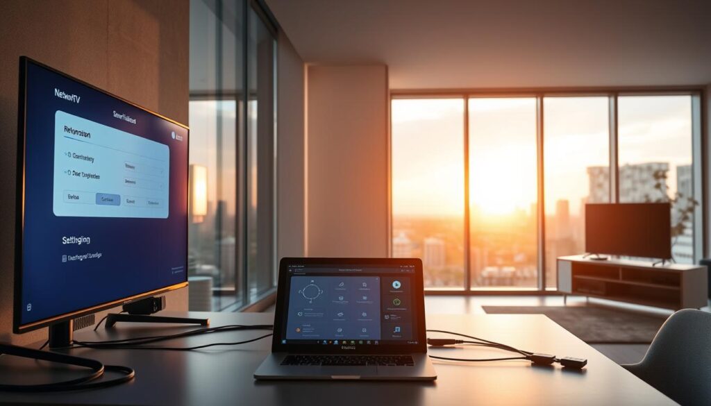 A sleek, minimalist smart TV network configuration setup in a modern Sandton home office. In the foreground, a sophisticated smart TV displays a configuration interface, its screen reflecting the warm glow of task lighting. On the desk, a laptop and tablet display network diagrams and setup menus. The middle ground features elegant cable management, with neatly organized wires and connectors. The background showcases floor-to-ceiling windows, letting in abundant natural light and offering a panoramic view of the Sandton skyline. The overall scene conveys a sense of technological proficiency, seamless integration, and a commitment to delivering exceptional smart TV connectivity services. A sleek, minimalist smart TV network configuration setup in a modern Sandton home office. In the foreground, a sophisticated smart TV displays a configuration interface, its screen reflecting the warm glow of task lighting. On the desk, a laptop and tablet display network diagrams and setup menus. The middle ground features elegant cable management, with neatly organized wires and connectors. The background showcases floor-to-ceiling windows, letting in abundant natural light and offering a panoramic view of the Sandton skyline. The overall scene conveys a sense of technological proficiency, seamless integration, and a commitment to delivering exceptional smart TV connectivity services.