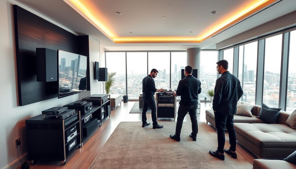 A sleek, modern audio installation service showcased in a well-lit, professional setting. In the foreground, a team of skilled technicians carefully configuring a state-of-the-art home theater system, surrounded by a array of high-end audio equipment. The middle ground features a minimalist, open-concept showroom with clean lines and sophisticated decor, inviting potential clients to envision the possibilities. In the background, floor-to-ceiling windows offer a panoramic view of the vibrant Sandton cityscape, underscoring the company's commitment to serving the local community. Warm, directional lighting casts a subtle glow, creating an atmosphere of expertise and attention to detail. A sleek, modern audio installation service showcased in a well-lit, professional setting. In the foreground, a team of skilled technicians carefully configuring a state-of-the-art home theater system, surrounded by a array of high-end audio equipment. The middle ground features a minimalist, open-concept showroom with clean lines and sophisticated decor, inviting potential clients to envision the possibilities. In the background, floor-to-ceiling windows offer a panoramic view of the vibrant Sandton cityscape, underscoring the company's commitment to serving the local community. Warm, directional lighting casts a subtle glow, creating an atmosphere of expertise and attention to detail.