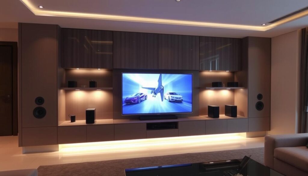 A sleek, modern audio video system design installation in a luxurious Sandton home. The centerpiece is a state-of-the-art entertainment console, with a high-end flat-screen TV and an integrated sound system. Meticulously placed speakers are strategically positioned to provide immersive surround sound. Elegant lighting fixtures cast a warm, ambient glow, creating a cozy and inviting atmosphere. The installation is seamlessly integrated into the room's contemporary decor, with clean lines and a minimalist aesthetic. Subtle details, such as discrete cable management and high-quality materials, demonstrate the attention to detail and craftsmanship. The overall design exudes sophistication and showcases the homeowner's passion for exceptional audio-visual experiences. A sleek, modern audio video system design installation in a luxurious Sandton home. The centerpiece is a state-of-the-art entertainment console, with a high-end flat-screen TV and an integrated sound system. Meticulously placed speakers are strategically positioned to provide immersive surround sound. Elegant lighting fixtures cast a warm, ambient glow, creating a cozy and inviting atmosphere. The installation is seamlessly integrated into the room's contemporary decor, with clean lines and a minimalist aesthetic. Subtle details, such as discrete cable management and high-quality materials, demonstrate the attention to detail and craftsmanship. The overall design exudes sophistication and showcases the homeowner's passion for exceptional audio-visual experiences.