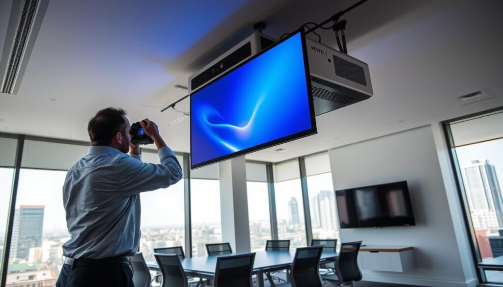 A sleek, modern office space showcasing a professional projector installation service in Sandton. The scene features a large, high-resolution projector mounted on the ceiling, casting a vibrant, crystal-clear image onto a stylish, minimalist screen. In the foreground, a technician in a crisp, collared shirt is carefully calibrating the equipment, ensuring optimal image quality and seamless integration with the room's audio-visual and networking infrastructure. The middle ground depicts a stylish, well-appointed meeting area, with ergonomic furniture and discreet cable management, creating an elegant, distraction-free environment for presentations and collaborations. The background reveals floor-to-ceiling windows, allowing natural light to flood the space and providing a stunning view of the Sandton skyline, reinforcing the professional, high-end nature of the services offered. A sleek, modern office space showcasing a professional projector installation service in Sandton. The scene features a large, high-resolution projector mounted on the ceiling, casting a vibrant, crystal-clear image onto a stylish, minimalist screen. In the foreground, a technician in a crisp, collared shirt is carefully calibrating the equipment, ensuring optimal image quality and seamless integration with the room's audio-visual and networking infrastructure. The middle ground depicts a stylish, well-appointed meeting area, with ergonomic furniture and discreet cable management, creating an elegant, distraction-free environment for presentations and collaborations. The background reveals floor-to-ceiling windows, allowing natural light to flood the space and providing a stunning view of the Sandton skyline, reinforcing the professional, high-end nature of the services offered.