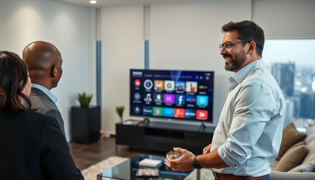A sleek, modern smart TV display situated in a stylish living room setting. In the foreground, an expertly dressed technician confidently demonstrates the TV's advanced features to an attentive customer. Subtle studio lighting accentuates the technician's friendly demeanor and the TV's vibrant, high-definition display. The middle ground showcases a minimalist, well-appointed space with modern furnishings and decor, conveying a sense of professionalism and attention to detail. In the background, large windows offer a glimpse of the bustling Sandton cityscape, establishing the location and underscoring the technician's specialized expertise. The overall scene radiates a atmosphere of knowledgeable, personalized smart TV assistance. A sleek, modern smart TV display situated in a stylish living room setting. In the foreground, an expertly dressed technician confidently demonstrates the TV's advanced features to an attentive customer. Subtle studio lighting accentuates the technician's friendly demeanor and the TV's vibrant, high-definition display. The middle ground showcases a minimalist, well-appointed space with modern furnishings and decor, conveying a sense of professionalism and attention to detail. In the background, large windows offer a glimpse of the bustling Sandton cityscape, establishing the location and underscoring the technician's specialized expertise. The overall scene radiates a atmosphere of knowledgeable, personalized smart TV assistance.