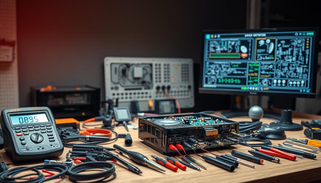 A sleek, well-organized workbench illuminated by warm, directional lighting showcases an array of professional DStv fault repair equipment. In the foreground, a digital multimeter, pliers, screwdrivers, and other specialized tools are neatly arranged, ready for the technician's skilled hands. The middle ground features a disassembled DStv receiver, its internal components visible, surrounded by diagnostic cables and adapters. In the background, a modern, high-resolution display monitor displays detailed schematics and error codes, providing the technician with vital information to efficiently diagnose and resolve the DStv fault. The overall scene conveys a sense of expertise, precision, and a commitment to delivering exceptional DStv fault repair services. A sleek, well-organized workbench illuminated by warm, directional lighting showcases an array of professional DStv fault repair equipment. In the foreground, a digital multimeter, pliers, screwdrivers, and other specialized tools are neatly arranged, ready for the technician's skilled hands. The middle ground features a disassembled DStv receiver, its internal components visible, surrounded by diagnostic cables and adapters. In the background, a modern, high-resolution display monitor displays detailed schematics and error codes, providing the technician with vital information to efficiently diagnose and resolve the DStv fault. The overall scene conveys a sense of expertise, precision, and a commitment to delivering exceptional DStv fault repair services.