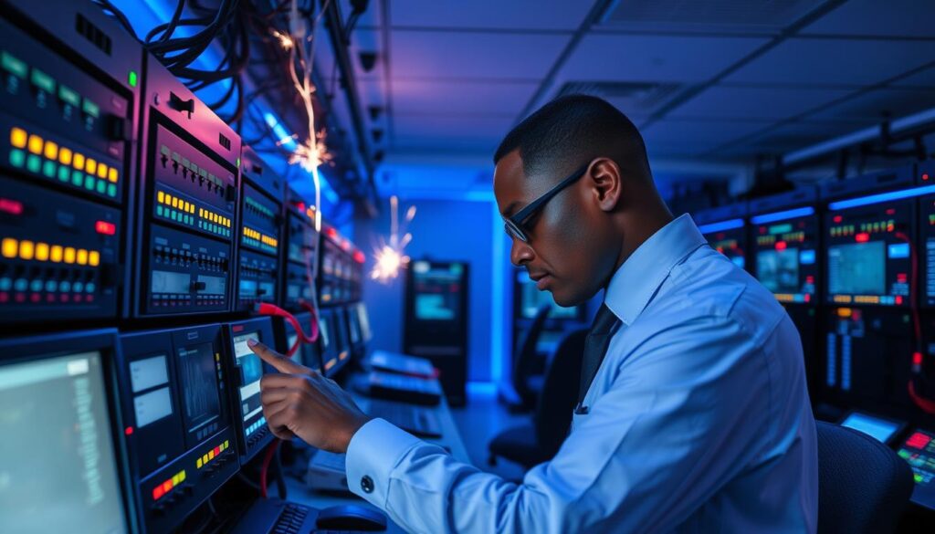 A sophisticated control room with a technician meticulously adjusting state-of-the-art DStv signal equipment. The room is filled with rows of sleek, high-tech monitoring panels, blinking lights, and intricate wiring. The technician, dressed in a crisp uniform, is focused intently on a display, making precise adjustments with a steady hand. Ambient blue lighting casts a calm, professional atmosphere, while the occasional spark of electricity adds a sense of technical dynamism. The image conveys the idea of advanced, specialized services dedicated to optimizing DStv signal quality and reliability. A sophisticated control room with a technician meticulously adjusting state-of-the-art DStv signal equipment. The room is filled with rows of sleek, high-tech monitoring panels, blinking lights, and intricate wiring. The technician, dressed in a crisp uniform, is focused intently on a display, making precise adjustments with a steady hand. Ambient blue lighting casts a calm, professional atmosphere, while the occasional spark of electricity adds a sense of technical dynamism. The image conveys the idea of advanced, specialized services dedicated to optimizing DStv signal quality and reliability.