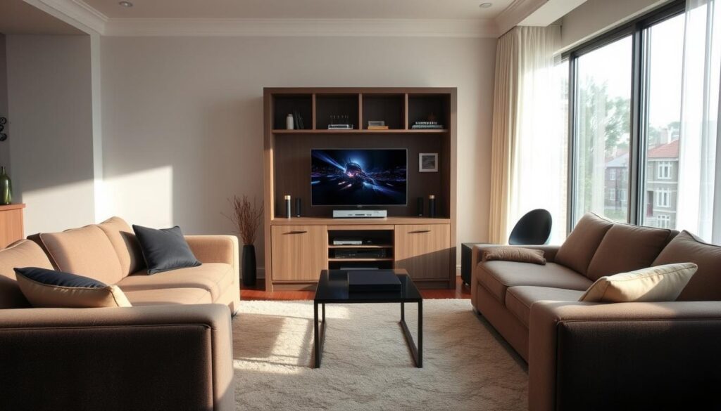 A spacious living room with two stylishly furnished sitting areas, each equipped with a sleek DSTV setup. Soft natural lighting filters through large windows, casting a warm glow on the modern entertainment systems. In the background, a neatly organized media cabinet houses the DSTV decoder and accessories, seamlessly integrated into the room's elegant decor. The scene conveys the convenience and comfort of a multi-room DSTV setup, highlighting the benefits of having independent viewing experiences in different zones of the home. A spacious living room with two stylishly furnished sitting areas, each equipped with a sleek DSTV setup. Soft natural lighting filters through large windows, casting a warm glow on the modern entertainment systems. In the background, a neatly organized media cabinet houses the DSTV decoder and accessories, seamlessly integrated into the room's elegant decor. The scene conveys the convenience and comfort of a multi-room DSTV setup, highlighting the benefits of having independent viewing experiences in different zones of the home.