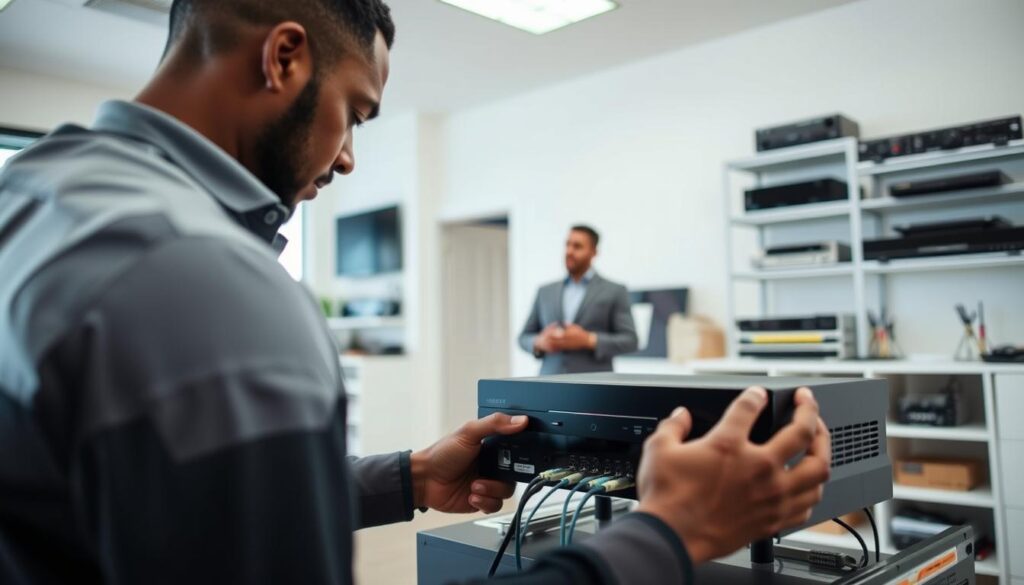 A spacious, well-lit room with a professional DSTV technician expertly connecting cables and setting up a DSTV receiver. In the foreground, the technician's hands meticulously work with the equipment, while in the middle ground, a customer observes the process. The background showcases a clean, organized workspace with shelves of DSTV components and tools. The scene conveys a sense of efficiency, attention to detail, and customer-focused service, reflecting the professionalism of the DSTV relocation process. A spacious, well-lit room with a professional DSTV technician expertly connecting cables and setting up a DSTV receiver. In the foreground, the technician's hands meticulously work with the equipment, while in the middle ground, a customer observes the process. The background showcases a clean, organized workspace with shelves of DSTV components and tools. The scene conveys a sense of efficiency, attention to detail, and customer-focused service, reflecting the professionalism of the DSTV relocation process.