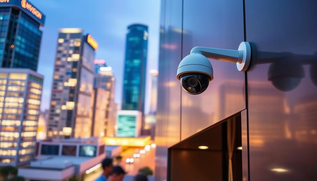A state-of-the-art Hikvision security camera installed on a sleek, modern building façade in the vibrant Sandton business district. The camera, mounted at a strategic angle, features a high-resolution lens that captures crisp, detailed footage. Elegant lighting illuminates the scene, creating a sophisticated, professional atmosphere. The camera's discreet, unobtrusive design blends seamlessly with the building's architecture, ensuring optimal surveillance without compromising aesthetics. In the background, the bustling Sandton skyline sets the stage, underscoring the cutting-edge technology and comprehensive security solutions available to businesses in this dynamic commercial hub. A state-of-the-art Hikvision security camera installed on a sleek, modern building façade in the vibrant Sandton business district. The camera, mounted at a strategic angle, features a high-resolution lens that captures crisp, detailed footage. Elegant lighting illuminates the scene, creating a sophisticated, professional atmosphere. The camera's discreet, unobtrusive design blends seamlessly with the building's architecture, ensuring optimal surveillance without compromising aesthetics. In the background, the bustling Sandton skyline sets the stage, underscoring the cutting-edge technology and comprehensive security solutions available to businesses in this dynamic commercial hub.