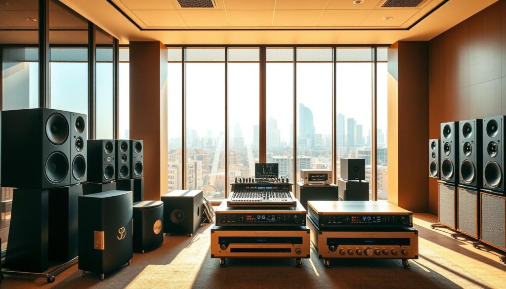 A state-of-the-art commercial audio installation showroom in Sandton, flooded with warm, natural lighting that highlights the sleek, modern equipment. In the foreground, a lineup of premium speakers and amplifiers arranged in a minimalist, gallery-like display. The middle ground features a mixing console and other audio components, their brushed metal and backlit panels evoking a high-tech, professional atmosphere. In the background, floor-to-ceiling windows offer a panoramic view of the Sandton skyline, establishing the urban, business-centric setting. The overall mood is one of sophistication, technological prowess, and a commitment to delivering exceptional audio solutions for commercial enterprises. A state-of-the-art commercial audio installation showroom in Sandton, flooded with warm, natural lighting that highlights the sleek, modern equipment. In the foreground, a lineup of premium speakers and amplifiers arranged in a minimalist, gallery-like display. The middle ground features a mixing console and other audio components, their brushed metal and backlit panels evoking a high-tech, professional atmosphere. In the background, floor-to-ceiling windows offer a panoramic view of the Sandton skyline, establishing the urban, business-centric setting. The overall mood is one of sophistication, technological prowess, and a commitment to delivering exceptional audio solutions for commercial enterprises.