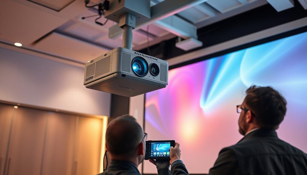 A state-of-the-art commercial projector installation in a sleek, modern office setting. The projector, mounted on an adjustable ceiling bracket, features advanced optics and a powerful 4K UHD display. Crisp, vibrant images are cast onto a large, seamless projection screen that dominates the far wall. Diffused, warm lighting illuminates the space, creating a professional, technology-forward atmosphere. Cables and wiring are neatly concealed, showcasing the clean, minimalist design. In the foreground, a technician examines the projector's control panel, ensuring optimal performance and connectivity. The overall scene conveys the expertise and cutting-edge capabilities required for specialized commercial projector installations. A state-of-the-art commercial projector installation in a sleek, modern office setting. The projector, mounted on an adjustable ceiling bracket, features advanced optics and a powerful 4K UHD display. Crisp, vibrant images are cast onto a large, seamless projection screen that dominates the far wall. Diffused, warm lighting illuminates the space, creating a professional, technology-forward atmosphere. Cables and wiring are neatly concealed, showcasing the clean, minimalist design. In the foreground, a technician examines the projector's control panel, ensuring optimal performance and connectivity. The overall scene conveys the expertise and cutting-edge capabilities required for specialized commercial projector installations.