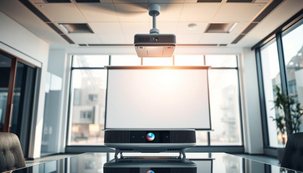 A state-of-the-art projector system prominently displayed in a modern, well-lit Sandton office. The projector is mounted on the ceiling, pointed toward a large projection screen that takes up most of the far wall. The room is filled with natural light streaming in through large windows, casting a warm, inviting glow. In the foreground, a sleek, high-end projector control panel sits on a glass-topped table, ready for seamless operation. The overall scene conveys a sense of technological sophistication and efficient, comprehensive projector services catered to the Sandton area. A state-of-the-art projector system prominently displayed in a modern, well-lit Sandton office. The projector is mounted on the ceiling, pointed toward a large projection screen that takes up most of the far wall. The room is filled with natural light streaming in through large windows, casting a warm, inviting glow. In the foreground, a sleek, high-end projector control panel sits on a glass-topped table, ready for seamless operation. The overall scene conveys a sense of technological sophistication and efficient, comprehensive projector services catered to the Sandton area.