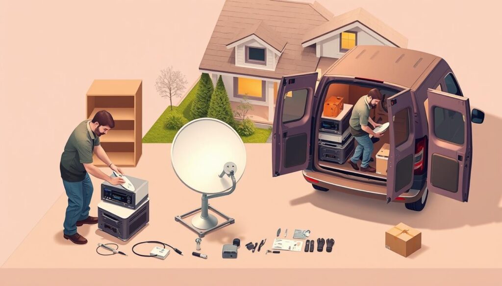 A step-by-step process of a DStv relocation, portrayed in a clean, technical illustration style. In the foreground, a technician is carefully disconnecting and packing up a DStv decoder and satellite dish. The middle ground shows the technician transporting the equipment to a van, with tools and accessories neatly organized. In the background, a modern home exterior is visible, representing the destination location. Warm, neutral lighting creates a professional, informative atmosphere. The composition uses a high camera angle and isometric perspective to clearly showcase each stage of the relocation process. A step-by-step process of a DStv relocation, portrayed in a clean, technical illustration style. In the foreground, a technician is carefully disconnecting and packing up a DStv decoder and satellite dish. The middle ground shows the technician transporting the equipment to a van, with tools and accessories neatly organized. In the background, a modern home exterior is visible, representing the destination location. Warm, neutral lighting creates a professional, informative atmosphere. The composition uses a high camera angle and isometric perspective to clearly showcase each stage of the relocation process.