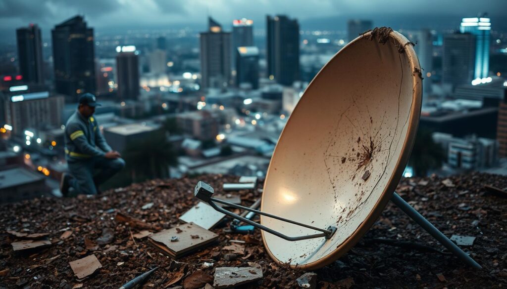 A storm-damaged DSTV dish in the foreground, its metal frame bent and the reflective surface cracked, lying amidst debris and rubble. In the middle ground, a technician kneels, inspecting the damage and assessing the necessary repairs. The background showcases the bustling cityscape of Sandton, with high-rise buildings and infrastructure, hinting at the comprehensive storm damage solutions offered by the DSTV installer. The scene is illuminated by a dramatic, moody lighting, with a sense of urgency and the need for swift action to restore the dish and ensure uninterrupted DSTV service. A storm-damaged DSTV dish in the foreground, its metal frame bent and the reflective surface cracked, lying amidst debris and rubble. In the middle ground, a technician kneels, inspecting the damage and assessing the necessary repairs. The background showcases the bustling cityscape of Sandton, with high-rise buildings and infrastructure, hinting at the comprehensive storm damage solutions offered by the DSTV installer. The scene is illuminated by a dramatic, moody lighting, with a sense of urgency and the need for swift action to restore the dish and ensure uninterrupted DSTV service.