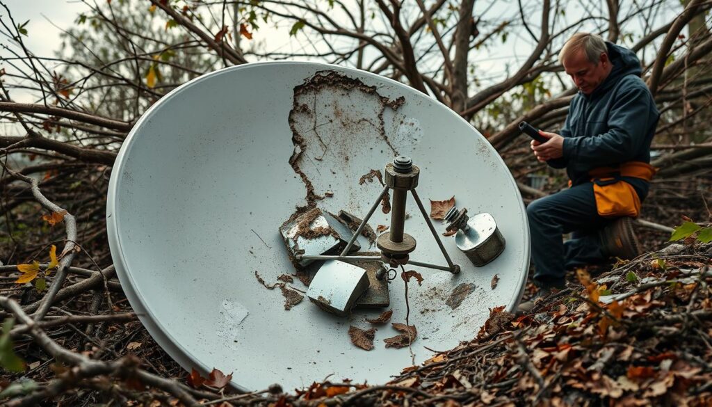 A storm-damaged DSTV satellite dish, its delicate components exposed and mangled, lies amid a cluttered backdrop of fallen branches, leaves, and debris. The dish's twisted metal frame and shattered reflector panels convey the aftermath of a powerful weather event. Sunlight filters through the overcast sky, casting a somber, moody atmosphere. A skilled technician examines the damage, tools in hand, ready to meticulously restore the dish to its former functionality. The scene evokes a sense of urgency and the need for professional, reliable DSTV repair services to swiftly address weather-related emergencies. A storm-damaged DSTV satellite dish, its delicate components exposed and mangled, lies amid a cluttered backdrop of fallen branches, leaves, and debris. The dish's twisted metal frame and shattered reflector panels convey the aftermath of a powerful weather event. Sunlight filters through the overcast sky, casting a somber, moody atmosphere. A skilled technician examines the damage, tools in hand, ready to meticulously restore the dish to its former functionality. The scene evokes a sense of urgency and the need for professional, reliable DSTV repair services to swiftly address weather-related emergencies.