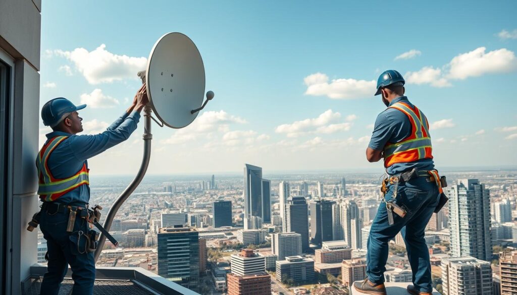 A sunny day in Sandton, with professionally attired DStv installers expertly mounting a satellite dish on a modern high-rise building. The installers, equipped with necessary tools and safety gear, work diligently to ensure the perfect placement and secure installation. In the background, the vibrant skyline of Sandton's commercial district provides a dynamic backdrop, conveying the professionalism and reliability of the DStv relocation service. The scene is captured with a wide-angle lens, highlighting the scale of the installation and the technicians' attention to detail. The lighting is soft and natural, creating a sense of competence and customer-focused care. A sunny day in Sandton, with professionally attired DStv installers expertly mounting a satellite dish on a modern high-rise building. The installers, equipped with necessary tools and safety gear, work diligently to ensure the perfect placement and secure installation. In the background, the vibrant skyline of Sandton's commercial district provides a dynamic backdrop, conveying the professionalism and reliability of the DStv relocation service. The scene is captured with a wide-angle lens, highlighting the scale of the installation and the technicians' attention to detail. The lighting is soft and natural, creating a sense of competence and customer-focused care.