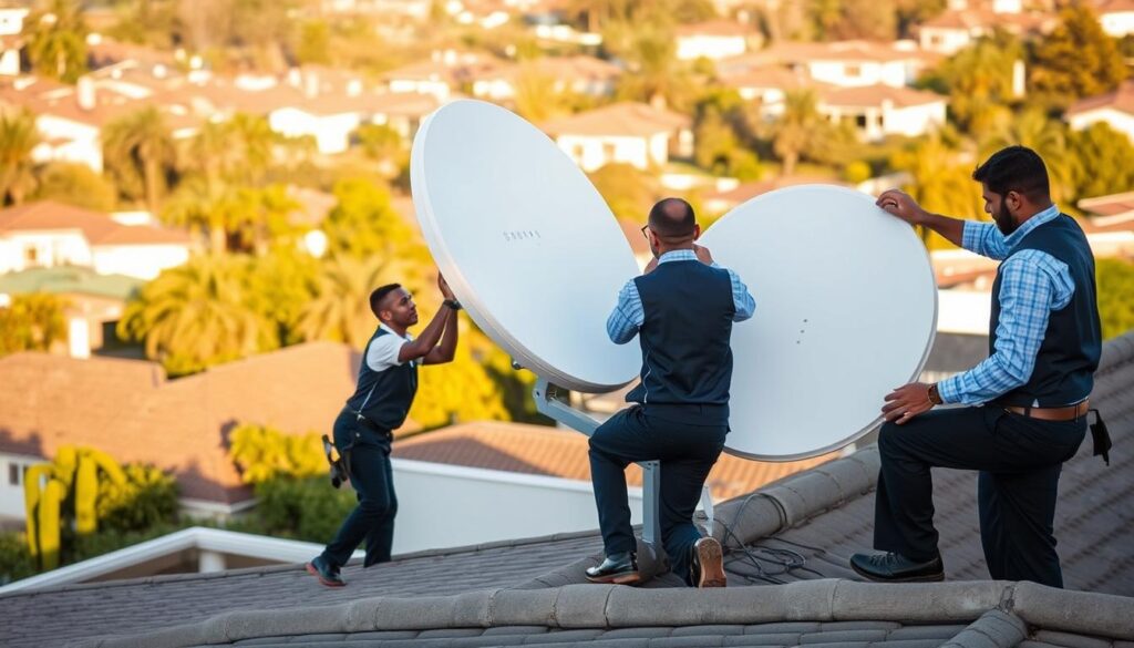 A team of professional DStv dish movers expertly transporting and installing a satellite dish on a residential rooftop in the bustling suburb of Sandton. The movers, clad in uniforms, work with precision and care, ensuring the dish is aligned and secured correctly. Soft natural lighting filters through the scene, casting a warm glow on the suburban landscape in the background. The image conveys the skill, efficiency, and attention to detail that DStv Installer Sandton brings to their relocation services, making them the leading provider in the Sandton area. A team of professional DStv dish movers expertly transporting and installing a satellite dish on a residential rooftop in the bustling suburb of Sandton. The movers, clad in uniforms, work with precision and care, ensuring the dish is aligned and secured correctly. Soft natural lighting filters through the scene, casting a warm glow on the suburban landscape in the background. The image conveys the skill, efficiency, and attention to detail that DStv Installer Sandton brings to their relocation services, making them the leading provider in the Sandton area.