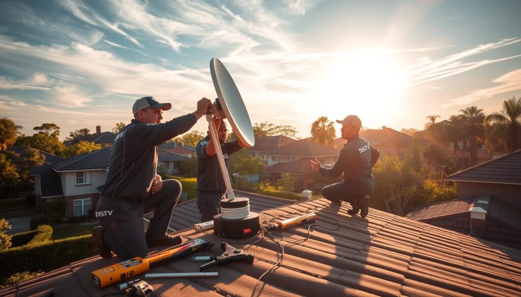 A team of professional DStv installers, clad in uniforms, carefully aligning a satellite dish on the rooftop of a suburban home. Sunlight filters through wispy clouds, casting a warm glow over the scene. In the foreground, tools and equipment are neatly organized, reflecting the installers' meticulous attention to detail. The middle ground features the installers themselves, their expressions focused as they ensure a secure and precise installation. In the background, the neighborhood's lush greenery and tranquil atmosphere create a serene setting, conveying the reliability and expertise of the DStv installers Duxberry. A team of professional DStv installers, clad in uniforms, carefully aligning a satellite dish on the rooftop of a suburban home. Sunlight filters through wispy clouds, casting a warm glow over the scene. In the foreground, tools and equipment are neatly organized, reflecting the installers' meticulous attention to detail. The middle ground features the installers themselves, their expressions focused as they ensure a secure and precise installation. In the background, the neighborhood's lush greenery and tranquil atmosphere create a serene setting, conveying the reliability and expertise of the DStv installers Duxberry.