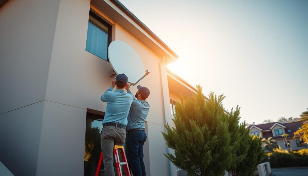 A team of professional DStv installers in Hyde Park, South Africa, working diligently to set up a satellite dish on the facade of a modern, two-story residential building. The installers, clad in crisp uniforms, use specialized tools and equipment to ensure a seamless installation process. Warm sunlight casts a soft glow over the scene, highlighting the attention to detail and expertise of the technicians. In the background, lush greenery and the distinctive architecture of the Hyde Park neighborhood create a picturesque setting, conveying a sense of professionalism and reliability. The image captures the skilled, customer-focused approach of these DStv experts, ready to provide their trusted services to the local community. A team of professional DStv installers in Hyde Park, South Africa, working diligently to set up a satellite dish on the facade of a modern, two-story residential building. The installers, clad in crisp uniforms, use specialized tools and equipment to ensure a seamless installation process. Warm sunlight casts a soft glow over the scene, highlighting the attention to detail and expertise of the technicians. In the background, lush greenery and the distinctive architecture of the Hyde Park neighborhood create a picturesque setting, conveying a sense of professionalism and reliability. The image captures the skilled, customer-focused approach of these DStv experts, ready to provide their trusted services to the local community.