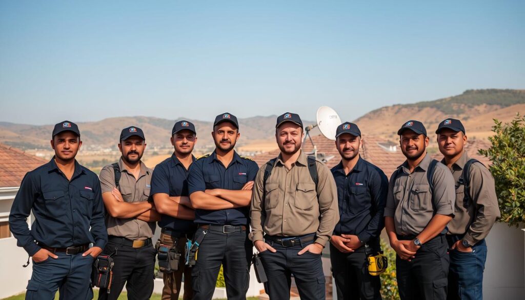 A team of professional DStv installers standing confidently in the foreground, dressed in uniform attire and equipped with the necessary tools for their trade. In the middle ground, a modern residential home in the Khyber Rock neighborhood, with a neatly installed DStv satellite dish visible on the rooftop. The background showcases the picturesque landscape of the Khyber Rock area, with rolling hills and a clear blue sky. The lighting is warm and natural, casting a soft glow on the scene. The overall atmosphere conveys a sense of professionalism, reliability, and expertise in DStv installation and repair services. A team of professional DStv installers standing confidently in the foreground, dressed in uniform attire and equipped with the necessary tools for their trade. In the middle ground, a modern residential home in the Khyber Rock neighborhood, with a neatly installed DStv satellite dish visible on the rooftop. The background showcases the picturesque landscape of the Khyber Rock area, with rolling hills and a clear blue sky. The lighting is warm and natural, casting a soft glow on the scene. The overall atmosphere conveys a sense of professionalism, reliability, and expertise in DStv installation and repair services.