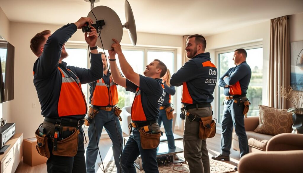 A team of professional DStv technicians performing a DStv installation in a modern living room in Craigavon. The technicians are dressed in uniform, wearing tool belts, and are carefully connecting cables and setting up the DStv satellite dish. The room is well-lit with natural light streaming in through large windows, creating a warm and inviting atmosphere. The technicians have a focused, yet friendly demeanor as they work efficiently to ensure the DStv system is properly installed and functioning. The overall scene conveys a sense of expertise, reliability, and quality service provided by the DStv installers in Craigavon. A team of professional DStv technicians performing a DStv installation in a modern living room in Craigavon. The technicians are dressed in uniform, wearing tool belts, and are carefully connecting cables and setting up the DStv satellite dish. The room is well-lit with natural light streaming in through large windows, creating a warm and inviting atmosphere. The technicians have a focused, yet friendly demeanor as they work efficiently to ensure the DStv system is properly installed and functioning. The overall scene conveys a sense of expertise, reliability, and quality service provided by the DStv installers in Craigavon.