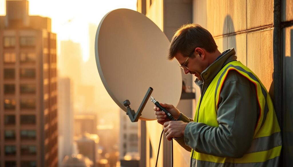 A technician carefully repairs a satellite dish mounted on the side of a building, with a city skyline visible in the background. The scene is bathed in warm, golden sunlight, creating a sense of urgency and professionalism. The technician is dressed in a reflective safety vest and is using specialized tools to diagnose and fix the damaged dish. The foreground is in sharp focus, while the background is slightly blurred, drawing the viewer's attention to the critical repair work being performed. The overall atmosphere conveys a sense of expertise, efficiency, and the importance of reliable satellite communication services in an urban setting. A technician carefully repairs a satellite dish mounted on the side of a building, with a city skyline visible in the background. The scene is bathed in warm, golden sunlight, creating a sense of urgency and professionalism. The technician is dressed in a reflective safety vest and is using specialized tools to diagnose and fix the damaged dish. The foreground is in sharp focus, while the background is slightly blurred, drawing the viewer's attention to the critical repair work being performed. The overall atmosphere conveys a sense of expertise, efficiency, and the importance of reliable satellite communication services in an urban setting.