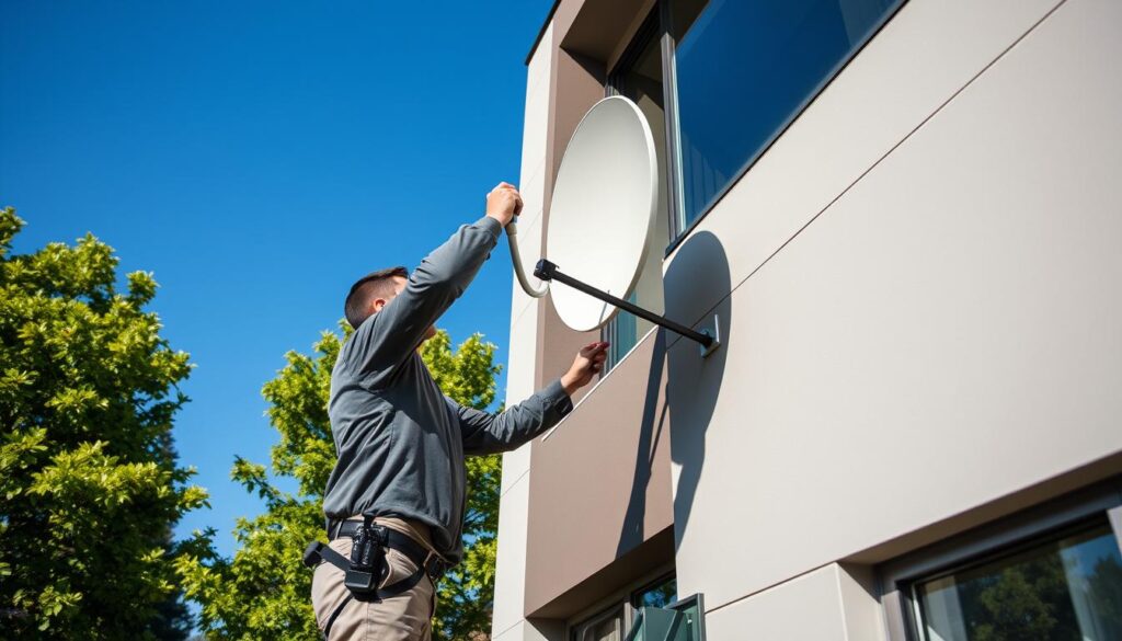 A technician diligently installing a DStv satellite dish on the exterior of a modern residential building in Illovo, Johannesburg. The crisp afternoon sunlight casts dynamic shadows across the scene, accentuating the precise movements of the installer's hands as he aligns the dish. In the middle ground, a truck with the DStv logo prominently displayed is parked nearby, conveying the professional nature of the service. The background features lush, verdant trees and a clear, blue sky, creating a sense of tranquility and the high-end suburban setting of Illovo. The overall mood is one of competence, efficiency and attention to detail as the DStv technician provides a complete installation service. A technician diligently installing a DStv satellite dish on the exterior of a modern residential building in Illovo, Johannesburg. The crisp afternoon sunlight casts dynamic shadows across the scene, accentuating the precise movements of the installer's hands as he aligns the dish. In the middle ground, a truck with the DStv logo prominently displayed is parked nearby, conveying the professional nature of the service. The background features lush, verdant trees and a clear, blue sky, creating a sense of tranquility and the high-end suburban setting of Illovo. The overall mood is one of competence, efficiency and attention to detail as the DStv technician provides a complete installation service.