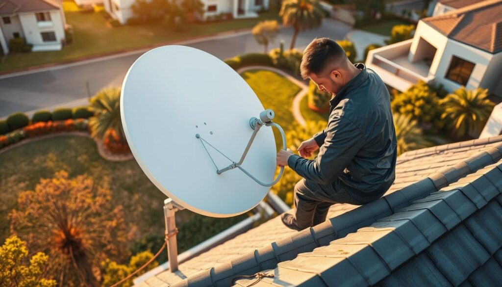 A technician diligently repairing a storm-damaged DStv satellite dish on a residential rooftop in the affluent suburb of Sandton, Johannesburg. The sun casts warm, golden light across the scene, revealing the intricate details of the dish and the technician's focused work. The lush, manicured gardens and modern architecture of Sandton's upscale homes provide a picturesque backdrop, conveying a sense of professionalism and expertise in the DStv installer's storm damage repair services. The image captures the seamless integration of technology and skilled craftsmanship in restoring the critical television connection for the discerning Sandton residents. A technician diligently repairing a storm-damaged DStv satellite dish on a residential rooftop in the affluent suburb of Sandton, Johannesburg. The sun casts warm, golden light across the scene, revealing the intricate details of the dish and the technician's focused work. The lush, manicured gardens and modern architecture of Sandton's upscale homes provide a picturesque backdrop, conveying a sense of professionalism and expertise in the DStv installer's storm damage repair services. The image captures the seamless integration of technology and skilled craftsmanship in restoring the critical television connection for the discerning Sandton residents.