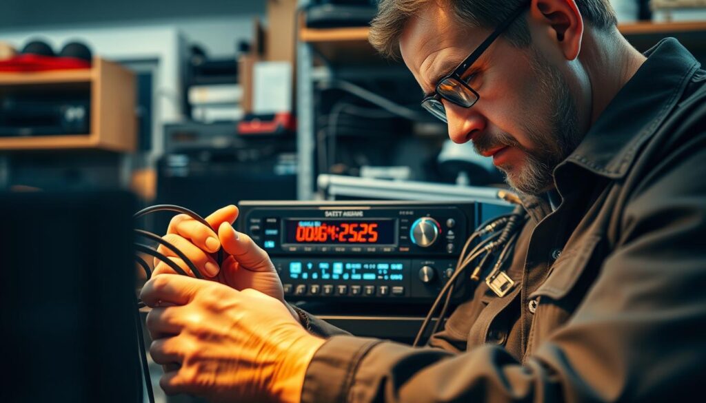 A technician examining a DStv receiver, methodically troubleshooting the signal issue. The foreground shows the technician's hands manipulating cables and checking connections, with a focused, problem-solving expression. The middle ground depicts the DStv receiver, its display illuminated, providing diagnostic information. The background hints at a well-equipped workshop, with shelves of tools and equipment, conveying a sense of expertise and professionalism. Warm, directional lighting casts subtle shadows, creating depth and emphasizing the technician's concentration. The overall mood is one of technical diligence, as the technician works to identify and resolve the DStv signal problem. A technician examining a DStv receiver, methodically troubleshooting the signal issue. The foreground shows the technician's hands manipulating cables and checking connections, with a focused, problem-solving expression. The middle ground depicts the DStv receiver, its display illuminated, providing diagnostic information. The background hints at a well-equipped workshop, with shelves of tools and equipment, conveying a sense of expertise and professionalism. Warm, directional lighting casts subtle shadows, creating depth and emphasizing the technician's concentration. The overall mood is one of technical diligence, as the technician works to identify and resolve the DStv signal problem.