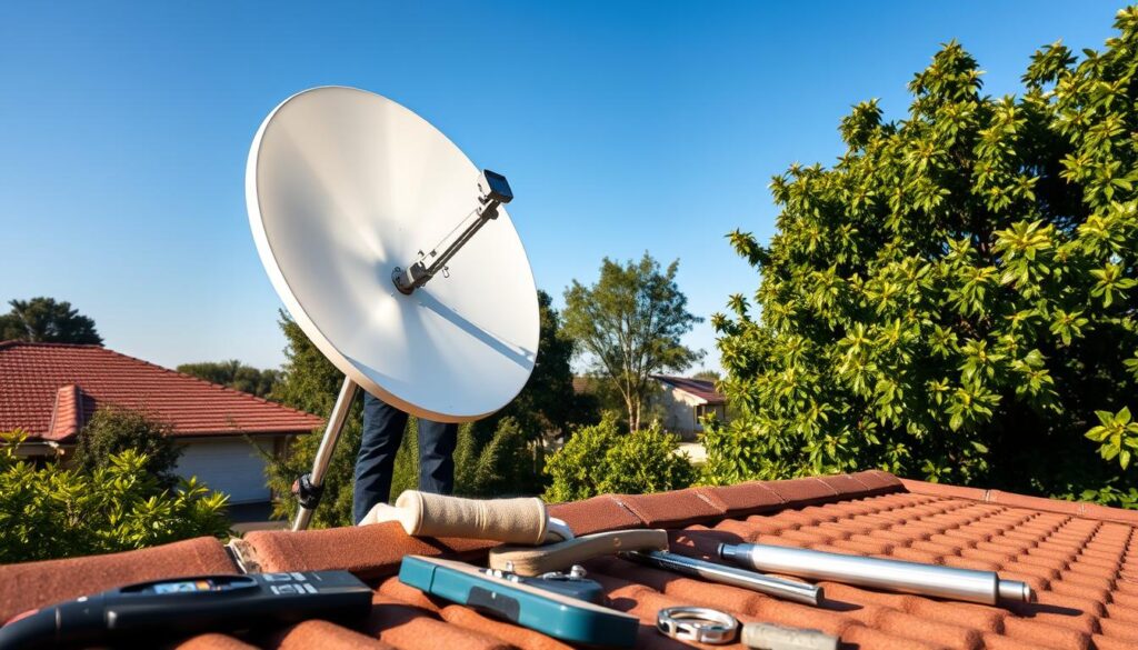 A technician expertly aligning a DStv satellite dish on the roof of a suburban home, surrounded by lush greenery and a clear blue sky. The dish is precisely positioned, its reflective surface gleaming in the warm sunlight. The technician, dressed in a company uniform, is carefully adjusting the dish's angle and elevation, ensuring optimal signal reception. In the foreground, tools and equipment are neatly arranged, reflecting the professionalism of the DStv installation and repair service. The scene conveys a sense of expertise, attention to detail, and reliable service, perfectly capturing the essence of the "Complete DStv installation and repair services in Sunninghill" section. A technician expertly aligning a DStv satellite dish on the roof of a suburban home, surrounded by lush greenery and a clear blue sky. The dish is precisely positioned, its reflective surface gleaming in the warm sunlight. The technician, dressed in a company uniform, is carefully adjusting the dish's angle and elevation, ensuring optimal signal reception. In the foreground, tools and equipment are neatly arranged, reflecting the professionalism of the DStv installation and repair service. The scene conveys a sense of expertise, attention to detail, and reliable service, perfectly capturing the essence of the "Complete DStv installation and repair services in Sunninghill" section.