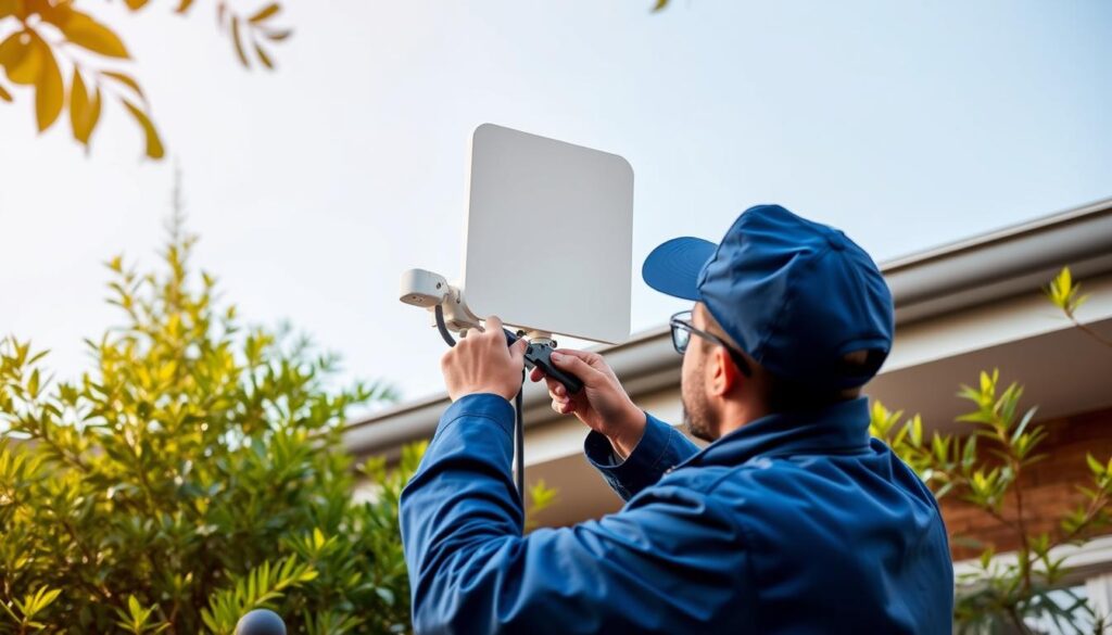 A technician in a blue uniform carefully installing a sleek, modern-looking smart LNB on the side of a residential home, surrounded by lush greenery and a clear blue sky. The installation is precise and meticulous, with the technician using specialized tools to ensure a seamless connection. The smart LNB is prominently displayed, showcasing its advanced features and capabilities. The scene conveys a sense of professionalism, attention to detail, and the high-quality service offered by the DStv Installer Sandton team. Soft, natural lighting illuminates the scene, creating a warm and inviting atmosphere. A technician in a blue uniform carefully installing a sleek, modern-looking smart LNB on the side of a residential home, surrounded by lush greenery and a clear blue sky. The installation is precise and meticulous, with the technician using specialized tools to ensure a seamless connection. The smart LNB is prominently displayed, showcasing its advanced features and capabilities. The scene conveys a sense of professionalism, attention to detail, and the high-quality service offered by the DStv Installer Sandton team. Soft, natural lighting illuminates the scene, creating a warm and inviting atmosphere.