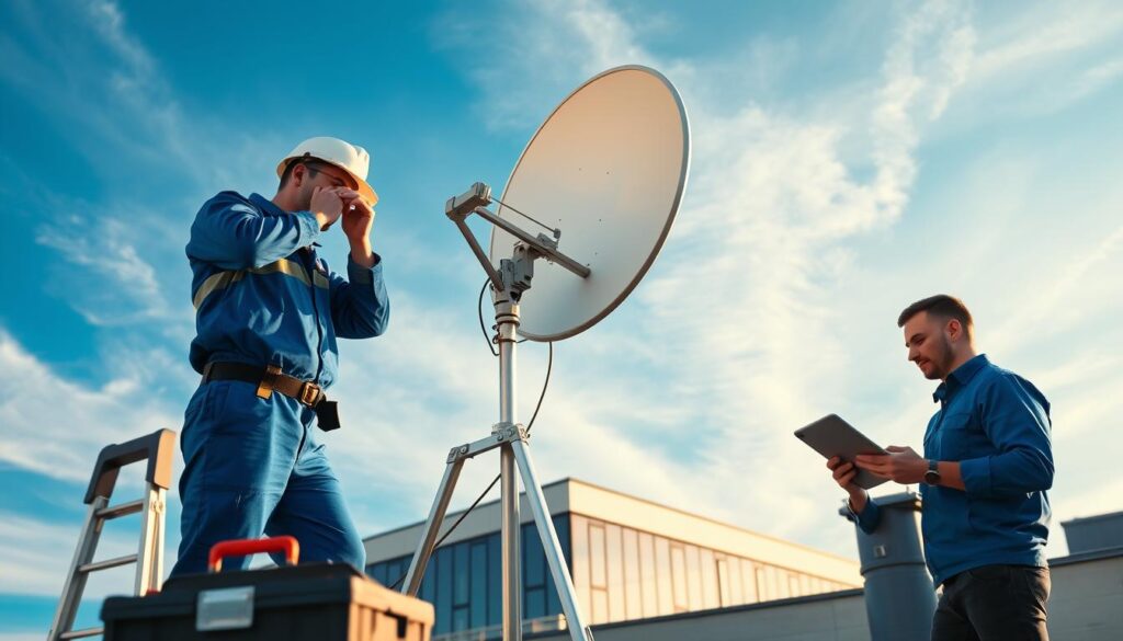 A technician in a bright blue uniform carefully installs a commercial satellite dish on the rooftop of a modern office building. In the foreground, a toolbox and ladder stand ready, while in the middle ground, the technician's colleague monitors the progress on a tablet. In the background, a clear blue sky with wispy clouds sets the scene. The lighting is natural and warm, capturing the professionalism and precision of the installation process. The camera angle is slightly elevated, providing a detailed view of the satellite's intricate components and the technicians' expertise. A technician in a bright blue uniform carefully installs a commercial satellite dish on the rooftop of a modern office building. In the foreground, a toolbox and ladder stand ready, while in the middle ground, the technician's colleague monitors the progress on a tablet. In the background, a clear blue sky with wispy clouds sets the scene. The lighting is natural and warm, capturing the professionalism and precision of the installation process. The camera angle is slightly elevated, providing a detailed view of the satellite's intricate components and the technicians' expertise.