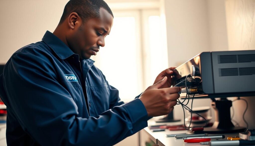 A technician in a navy blue uniform stands in a well-lit room, focused on repairing a DStv satellite receiver. The technician's hands are carefully manipulating the cables and connectors, their expression one of deep concentration. The room is clean and organized, with various tools and equipment neatly arranged on a workbench. Bright natural light streams in through a window, casting a warm glow on the scene. The technician's face is partially obscured, but their confidence and expertise are evident in their body language. The image conveys a sense of professionalism and attention to detail, capturing the essence of a skilled DStv signal loss repair technician. A technician in a navy blue uniform stands in a well-lit room, focused on repairing a DStv satellite receiver. The technician's hands are carefully manipulating the cables and connectors, their expression one of deep concentration. The room is clean and organized, with various tools and equipment neatly arranged on a workbench. Bright natural light streams in through a window, casting a warm glow on the scene. The technician's face is partially obscured, but their confidence and expertise are evident in their body language. The image conveys a sense of professionalism and attention to detail, capturing the essence of a skilled DStv signal loss repair technician.