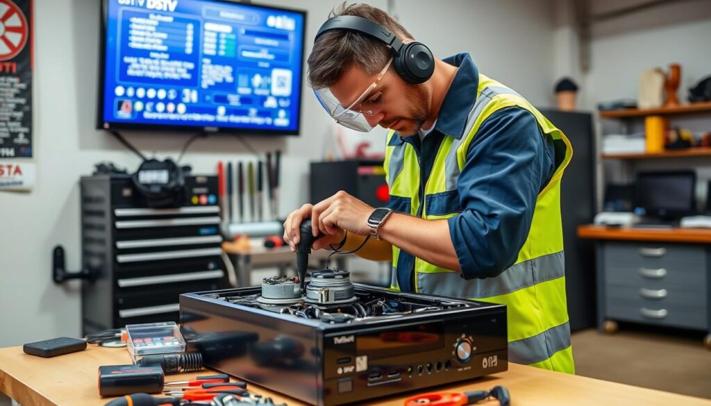 A technician in a well-lit workshop, wearing a uniform and safety gear, carefully examining the inner workings of a DSTV receiver. On the workbench, various tools and spare parts are neatly arranged. In the background, a wall-mounted display shows a diagnostic screen with technical information. The scene conveys a sense of professionalism and expertise in resolving DSTV signal problems. A technician in a well-lit workshop, wearing a uniform and safety gear, carefully examining the inner workings of a DSTV receiver. On the workbench, various tools and spare parts are neatly arranged. In the background, a wall-mounted display shows a diagnostic screen with technical information. The scene conveys a sense of professionalism and expertise in resolving DSTV signal problems.