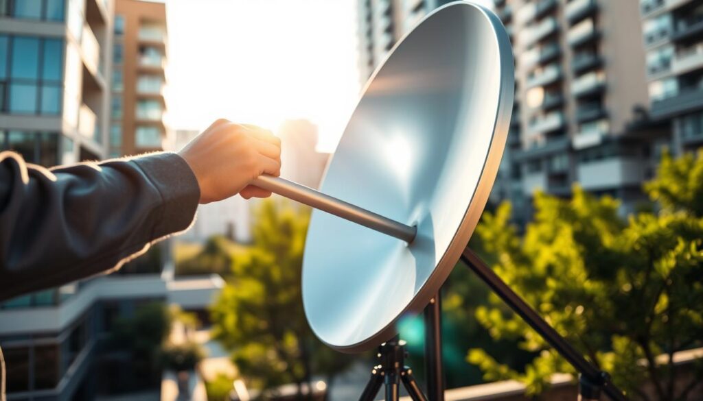 A technician meticulously aligning a DSTV satellite dish, sunlight glinting off the sleek metallic surface. The dish is mounted on a sturdy tripod, positioned strategically to optimize signal reception. In the foreground, the technician's hands deftly adjust the dish's angle and elevation, fine-tuning its position with precision. The surrounding environment is a serene urban landscape, with modern buildings and lush greenery in the background, conveying a sense of professionalism and expertise. The image radiates a calm, focused atmosphere, capturing the essence of a professional DSTV satellite dish realignment and positioning service. A technician meticulously aligning a DSTV satellite dish, sunlight glinting off the sleek metallic surface. The dish is mounted on a sturdy tripod, positioned strategically to optimize signal reception. In the foreground, the technician's hands deftly adjust the dish's angle and elevation, fine-tuning its position with precision. The surrounding environment is a serene urban landscape, with modern buildings and lush greenery in the background, conveying a sense of professionalism and expertise. The image radiates a calm, focused atmosphere, capturing the essence of a professional DSTV satellite dish realignment and positioning service.