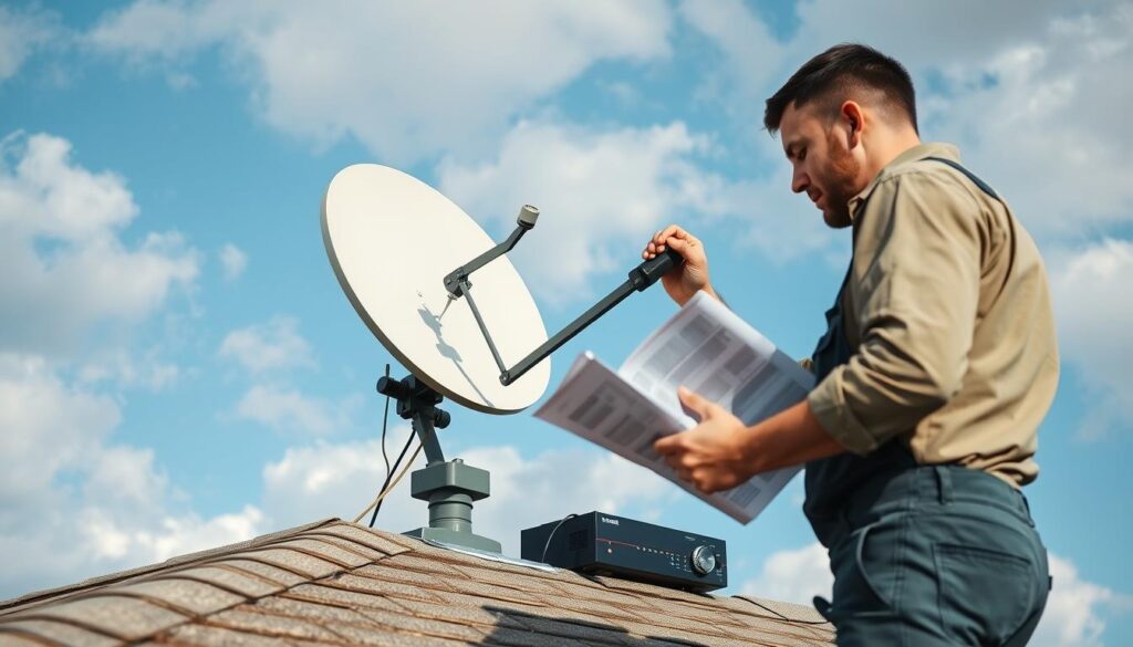 A technician performing a detailed DStv satellite dish alignment on a residential rooftop. The scene depicts the foreground with the technician carefully adjusting the dish while referring to a set of instructions. The middle ground showcases the satellite dish mounted on a sturdy bracket, with the receiver box and cables neatly organized. The background features a clear blue sky with fluffy white clouds, creating a peaceful and professional atmosphere. The lighting is natural, with the sun casting soft shadows, highlighting the technician's focused expression. The camera angle is slightly elevated, providing a comprehensive view of the installation process. A technician performing a detailed DStv satellite dish alignment on a residential rooftop. The scene depicts the foreground with the technician carefully adjusting the dish while referring to a set of instructions. The middle ground showcases the satellite dish mounted on a sturdy bracket, with the receiver box and cables neatly organized. The background features a clear blue sky with fluffy white clouds, creating a peaceful and professional atmosphere. The lighting is natural, with the sun casting soft shadows, highlighting the technician's focused expression. The camera angle is slightly elevated, providing a comprehensive view of the installation process.