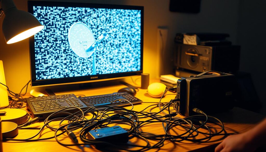 A technician's desk illuminated by a warm desk lamp, with various diagnostic tools and cables scattered across the surface. In the background, a television screen displays a static-filled DStv signal, indicating connection issues. The overall scene conveys a sense of troubleshooting and problem-solving, with a focus on the technical aspects of DStv maintenance and health checks. A technician's desk illuminated by a warm desk lamp, with various diagnostic tools and cables scattered across the surface. In the background, a television screen displays a static-filled DStv signal, indicating connection issues. The overall scene conveys a sense of troubleshooting and problem-solving, with a focus on the technical aspects of DStv maintenance and health checks.