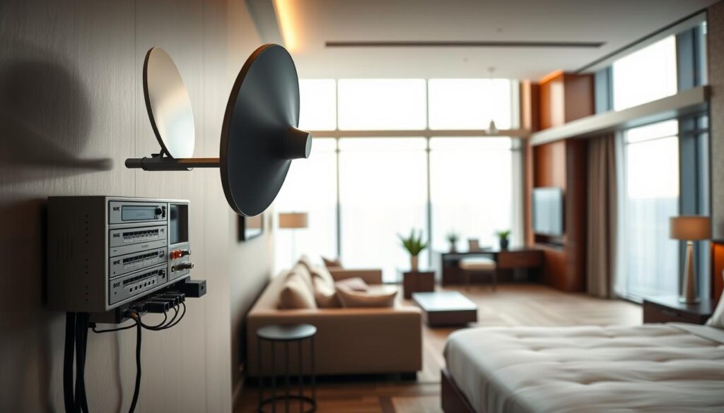 A well-appointed hotel suite with a modern, minimalist aesthetic. In the foreground, a sleek, wall-mounted DSTV system with multiple receivers and connections, seamlessly integrated into the room's decor. The middle ground features a comfortable seating area, where guests can relax and enjoy premium television content. The background showcases large windows, allowing natural light to flood the space and create a warm, inviting atmosphere. Soft, ambient lighting enhances the overall mood, while subtle accents of metal and wood add depth and texture to the scene. The image conveys a sense of luxury, connectivity, and a tailored hospitality experience. A well-appointed hotel suite with a modern, minimalist aesthetic. In the foreground, a sleek, wall-mounted DSTV system with multiple receivers and connections, seamlessly integrated into the room's decor. The middle ground features a comfortable seating area, where guests can relax and enjoy premium television content. The background showcases large windows, allowing natural light to flood the space and create a warm, inviting atmosphere. Soft, ambient lighting enhances the overall mood, while subtle accents of metal and wood add depth and texture to the scene. The image conveys a sense of luxury, connectivity, and a tailored hospitality experience.
