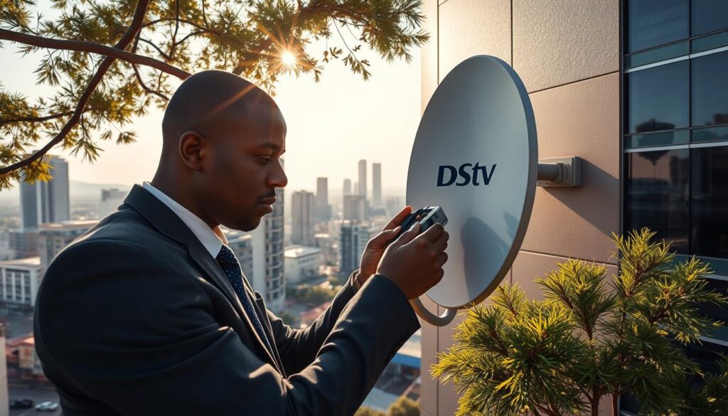 A well-dressed DStv technician carefully adjusting a satellite dish mounted on the side of a modern high-rise building in the bustling commercial district of Sandton. Sunlight filters through the surrounding trees, casting a warm glow on the scene. In the background, the iconic Sandton skyline is visible, with sleek skyscrapers and corporate offices. The technician's expression is one of focused concentration as they use specialized tools to ensure the dish is properly aligned and calibrated for optimal signal reception. The image conveys a sense of professionalism and attention to detail in providing reliable DStv service across the Sandton area. A well-dressed DStv technician carefully adjusting a satellite dish mounted on the side of a modern high-rise building in the bustling commercial district of Sandton. Sunlight filters through the surrounding trees, casting a warm glow on the scene. In the background, the iconic Sandton skyline is visible, with sleek skyscrapers and corporate offices. The technician's expression is one of focused concentration as they use specialized tools to ensure the dish is properly aligned and calibrated for optimal signal reception. The image conveys a sense of professionalism and attention to detail in providing reliable DStv service across the Sandton area.