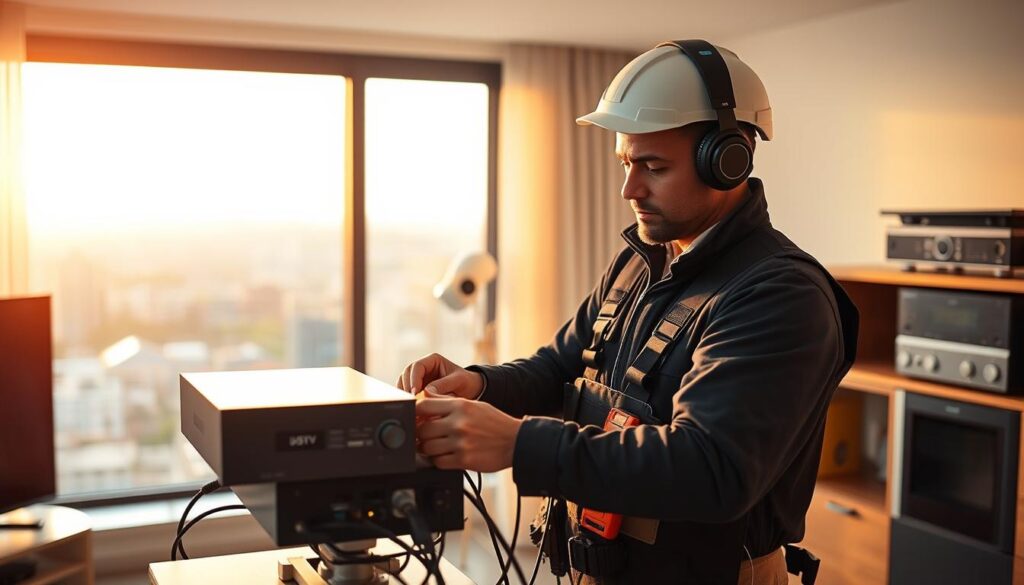A well-equipped DSTV installation technician working diligently in a modern, well-organized Sandton home, surrounded by state-of-the-art audio-visual equipment. Warm, directional lighting illuminates the professional's focused expression as they meticulously connect cables and configure the DSTV system. In the background, a window offers a glimpse of the vibrant Sandton cityscape, conveying the comprehensive nature of the installer's services across the local area. The scene radiates a sense of expertise, efficiency, and the installer's commitment to delivering top-quality DSTV solutions to Sandton residents. A well-equipped DSTV installation technician working diligently in a modern, well-organized Sandton home, surrounded by state-of-the-art audio-visual equipment. Warm, directional lighting illuminates the professional's focused expression as they meticulously connect cables and configure the DSTV system. In the background, a window offers a glimpse of the vibrant Sandton cityscape, conveying the comprehensive nature of the installer's services across the local area. The scene radiates a sense of expertise, efficiency, and the installer's commitment to delivering top-quality DSTV solutions to Sandton residents.
