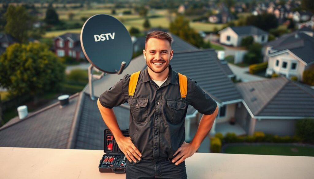 A well-equipped DStv installation technician stands proudly in the foreground, hands on hips, facing the viewer with a friendly, professional demeanor. Behind them, a modern, stylish DStv satellite dish is prominently displayed, installed on the rooftop of a contemporary suburban home. The middle ground showcases the technician's toolkit, neatly organized and ready for use, conveying the sense of expertise and attention to detail. The background features a picturesque suburban landscape, with lush greenery and well-manicured homes, emphasizing the seamless integration of the DStv system into the local community. Warm, natural lighting illuminates the scene, creating a welcoming and trustworthy atmosphere. A well-equipped DStv installation technician stands proudly in the foreground, hands on hips, facing the viewer with a friendly, professional demeanor. Behind them, a modern, stylish DStv satellite dish is prominently displayed, installed on the rooftop of a contemporary suburban home. The middle ground showcases the technician's toolkit, neatly organized and ready for use, conveying the sense of expertise and attention to detail. The background features a picturesque suburban landscape, with lush greenery and well-manicured homes, emphasizing the seamless integration of the DStv system into the local community. Warm, natural lighting illuminates the scene, creating a welcoming and trustworthy atmosphere.
