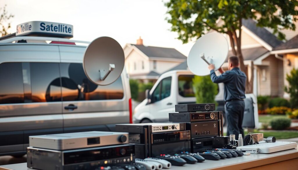 A well-equipped DStv installation van parked outside a modern suburban home, its roof emblazoned with the company logo. In the foreground, a technician in a uniform meticulously configures a DStv satellite dish, ensuring optimal signal reception. The middle ground showcases an array of DStv set-top boxes, remote controls, and other installation accessories neatly organized. The background depicts a tranquil neighborhood setting, with lush greenery and well-maintained homes, conveying a sense of professionalism and reliability. Soft, warm lighting enhances the scene, creating an inviting and trustworthy atmosphere for the DStv installation services. A well-equipped DStv installation van parked outside a modern suburban home, its roof emblazoned with the company logo. In the foreground, a technician in a uniform meticulously configures a DStv satellite dish, ensuring optimal signal reception. The middle ground showcases an array of DStv set-top boxes, remote controls, and other installation accessories neatly organized. The background depicts a tranquil neighborhood setting, with lush greenery and well-maintained homes, conveying a sense of professionalism and reliability. Soft, warm lighting enhances the scene, creating an inviting and trustworthy atmosphere for the DStv installation services.
