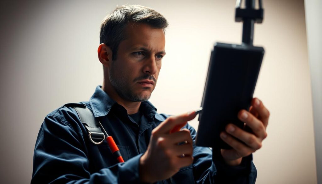 A well-equipped DStv technician, clad in a navy blue uniform, stands in a dimly lit room, tools in hand, ready to diagnose and resolve a cable signal issue. Focused expression, brow furrowed, as they examine the DStv receiver with a discerning eye. Soft, directional lighting illuminates their face, creating dramatic shadows that convey the seriousness of the task at hand. The background is blurred, drawing the viewer's attention to the technician's skilled hands and unwavering concentration, exemplifying their expertise in emergency DStv repairs. A well-equipped DStv technician, clad in a navy blue uniform, stands in a dimly lit room, tools in hand, ready to diagnose and resolve a cable signal issue. Focused expression, brow furrowed, as they examine the DStv receiver with a discerning eye. Soft, directional lighting illuminates their face, creating dramatic shadows that convey the seriousness of the task at hand. The background is blurred, drawing the viewer's attention to the technician's skilled hands and unwavering concentration, exemplifying their expertise in emergency DStv repairs.