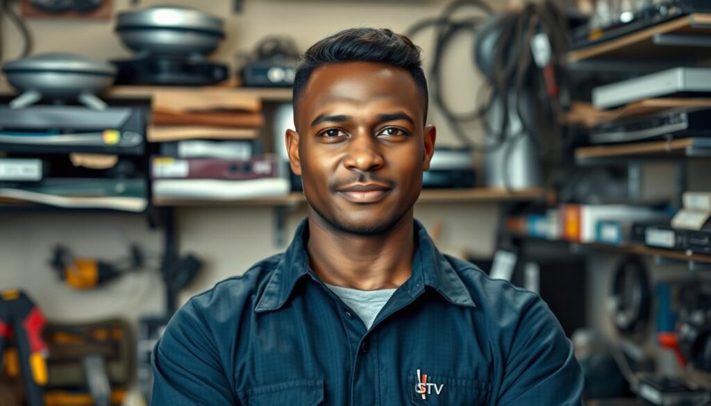 A well-equipped DStv technician in a professional uniform, standing confidently in a neatly organized workshop filled with DStv receivers, cables, and tools. Soft, directional lighting illuminates their face, conveying expertise and approachability. The technician's expression is focused, ready to diagnose and resolve any DStv-related issues. The background features shelves stocked with spare parts and a clean, organized workspace, creating an atmosphere of reliable, high-quality DStv repair services. The overall scene evokes a sense of trust, competence, and the ability to provide excellent DStv support to customers in the Sandton area. A well-equipped DStv technician in a professional uniform, standing confidently in a neatly organized workshop filled with DStv receivers, cables, and tools. Soft, directional lighting illuminates their face, conveying expertise and approachability. The technician's expression is focused, ready to diagnose and resolve any DStv-related issues. The background features shelves stocked with spare parts and a clean, organized workspace, creating an atmosphere of reliable, high-quality DStv repair services. The overall scene evokes a sense of trust, competence, and the ability to provide excellent DStv support to customers in the Sandton area.