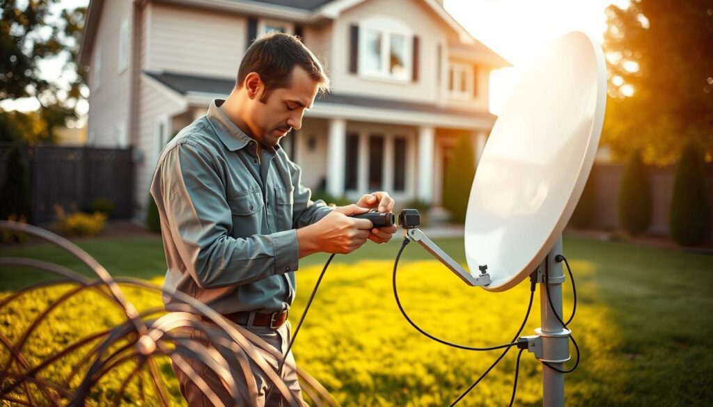 A well-equipped DStv technician standing in a residential backyard, surrounded by neatly coiled cables and satellite dishes. The technician, wearing a professional uniform, is focused on connecting a DStv receiver to the satellite dish, ensuring a seamless installation process. The scene is bathed in warm, natural lighting, with a well-manicured lawn and a modern, two-story home in the background, conveying a sense of professionalism and attention to detail. The overall atmosphere suggests expertise, reliability, and a commitment to providing top-notch DStv installation services in the Chartwell area. A well-equipped DStv technician standing in a residential backyard, surrounded by neatly coiled cables and satellite dishes. The technician, wearing a professional uniform, is focused on connecting a DStv receiver to the satellite dish, ensuring a seamless installation process. The scene is bathed in warm, natural lighting, with a well-manicured lawn and a modern, two-story home in the background, conveying a sense of professionalism and attention to detail. The overall atmosphere suggests expertise, reliability, and a commitment to providing top-notch DStv installation services in the Chartwell area.